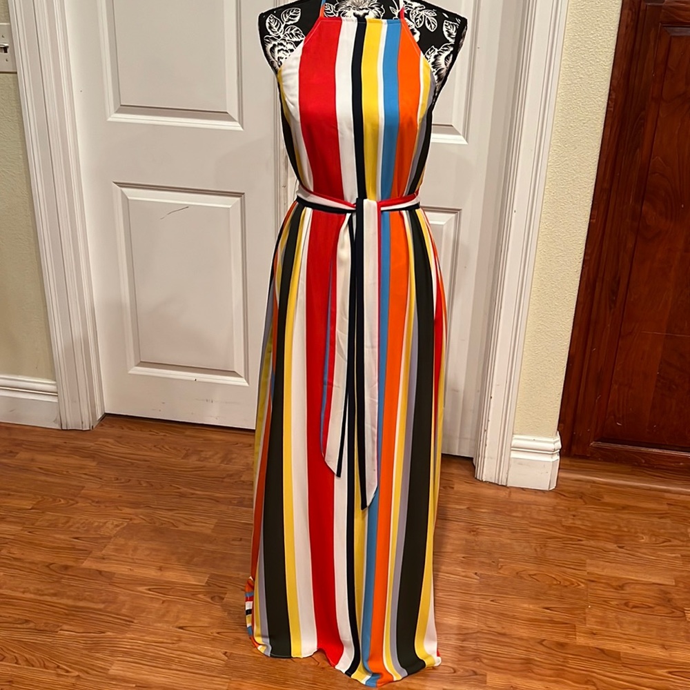 Backless multicolor halter vertical stripe maxi dress